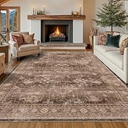 Hazo Haus Brown 9x12 Living Room Rug - Vintage Western Eclectic Unique Neutral Taupe, Washable Low Pile Non-Slip Large Area Rugs for Dining Under Table Bedroom Under Bed