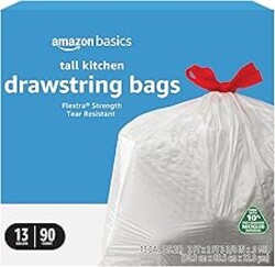 Amazon Basics 13 Gallon Tall Kitchen Drawstring Trash Bags, Flextra Strength, Tear Resistant, 10% Post Consumer Recycled, 90 Count, White