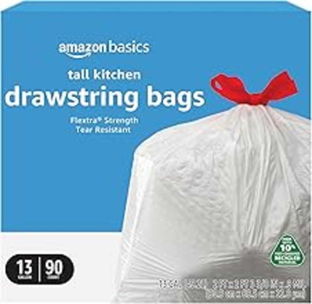 Amazon Basics 13 Gallon Tall Kitchen Drawstring Trash Bags, Flextra Strength, Tear Resistant, 10% Post Consumer Recycled, 90 Count, White