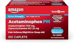 Amazon Basic Care Acetaminophen PM, Pain Reliever Plus Nighttime Sleep Aid Caplet, 100 Count