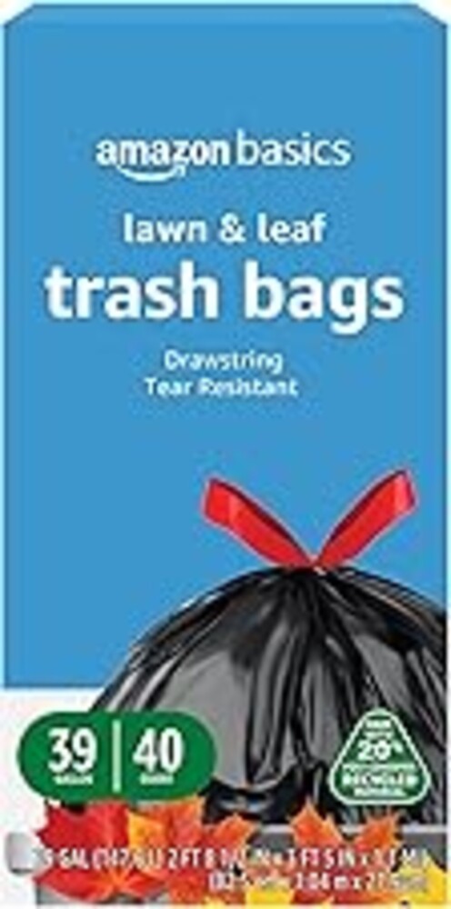 Amazon Basics 39 Gallon Lawn & Leaf Heavy Duty Drawstring Trash Bags, 20% Post Consumer Recycled, 40 Count, Black