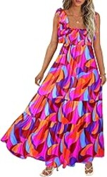 CURBODO Women's Summer Maxi Dress Boho Spaghetti Straps Casual Long A-line Smocked Beach Dress Square Neck Flowy Sun Dress