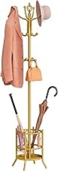 Tajsoon Coat Tree with Umbrella Holder, Coat Rack Freestanding, Coat Hangers Stand with 16 Hooks, Standing Coat Rack for Living Room, Bedroom, Office, Gold