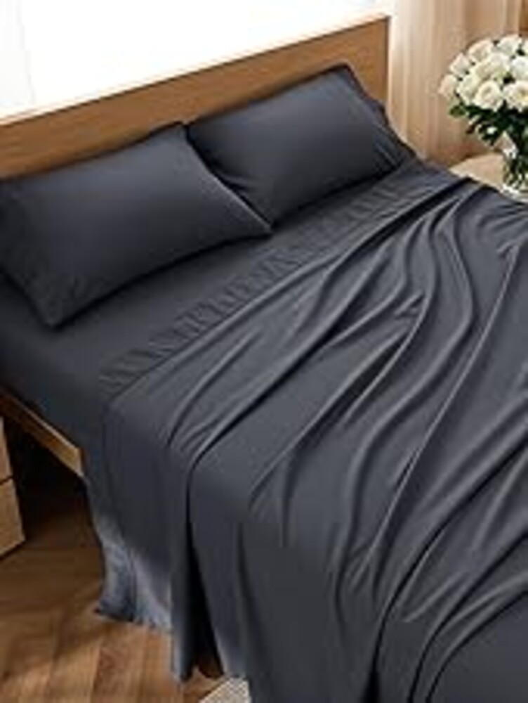 Bedsure Queen Sheet Set - 4 Pieces Soft Queen Size Sheets - Breathable & Cooling - Hotel Luxury - Easy Care Polyester Microfiber Bedding for Kids, Women, Men, Dark Grey