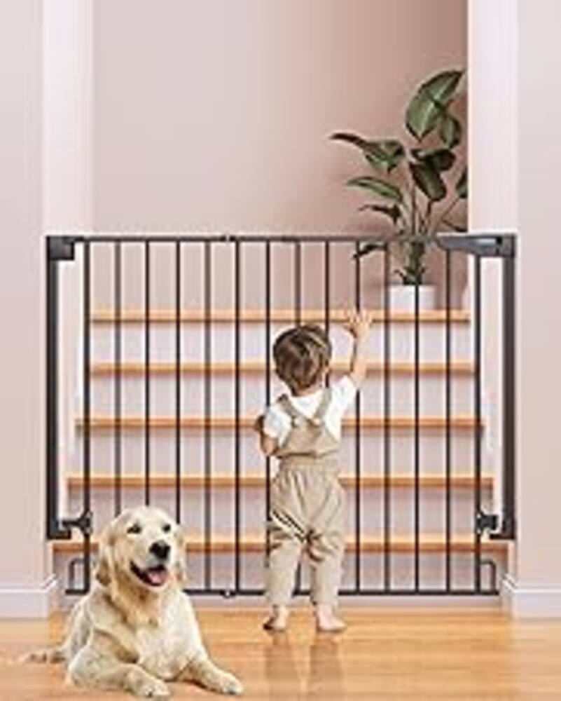 Cumbor 34" Extra Tall No Bottom Bar Baby Gate for Stairs, Hardware Mounted Dog Gate Indoor for Larger Pets, Expandable 29.2-43" Safety Gate for Doorways, Wide Walk Thru Door for Easy Access (Black)