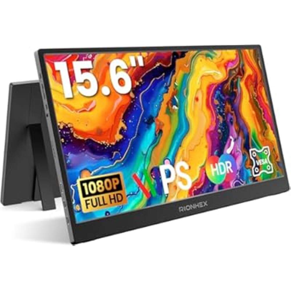 Rionhex Portable Monitor, 15.6 inch 1080P USB-C HDMI Travel Monitor Built-in Stand VESA, External Screen for Laptop, PC, Mac, PS, Xbox, Swich IPS HDR Ultra-Thin