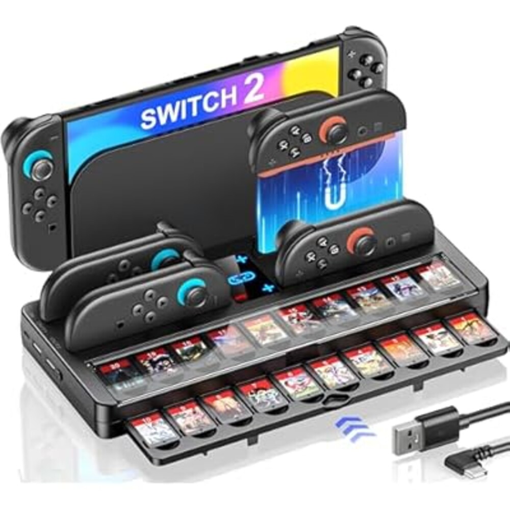 Switch 2 Charging Dock Station & Organizer Station for Nintendo Switch 2, 4-In-1 Charging Dock Base Station for Switch 2 Joycons with Indicator，Switch 2 Accessories Kit Storage with 20 Game Slots