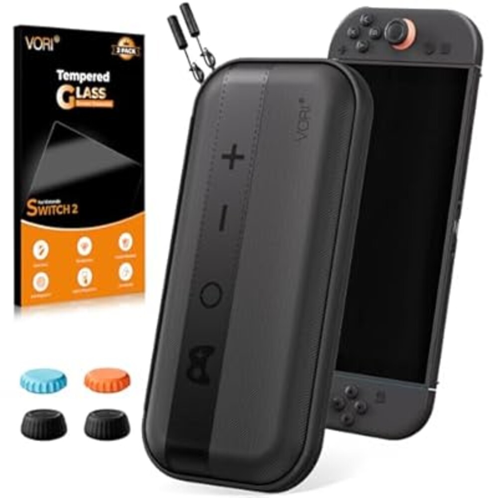 VORI Slim Carrying Case for Nintendo Switch 2 (2025) – 3-in-1 Accessories Bundle with 2 Tempered Glass Screen Protectors, 4 Thumb Grips & 6 Game Card Slots, Compact Hard PU Travel Case , Black