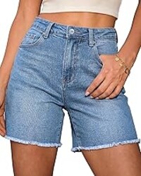 luvamia FleXclusive Jean Shorts for Women Trendy High Waisted Stretchy Denim Summer Raw Hem Mom Long Shorts Cutoff Jorts