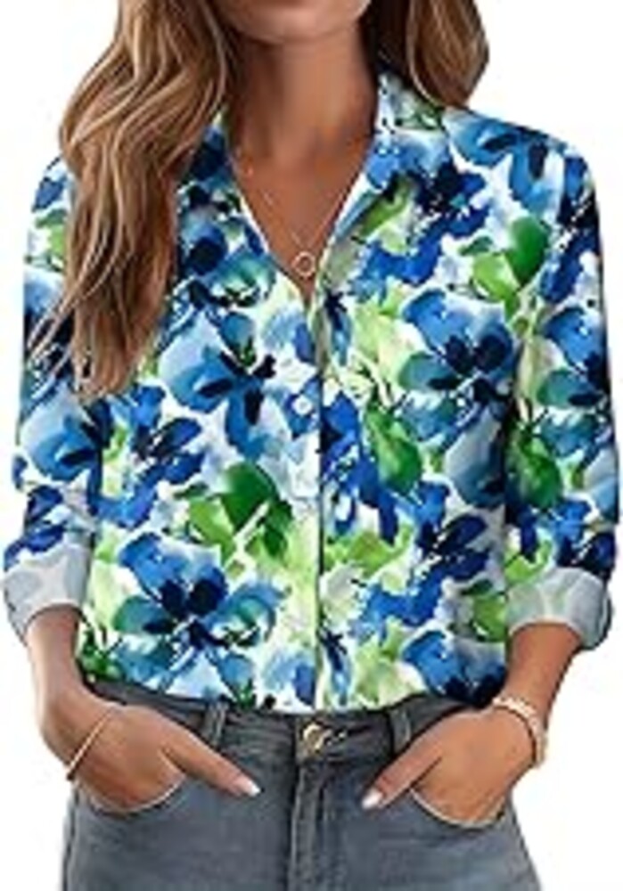 Zeagoo Button Down Shirts for Women Dressy Floral Printed Long Sleeve Blouse Business Casual Work Tops