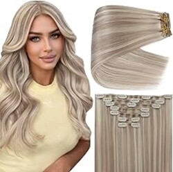 Full Shine Clip in Hair Extensions Real Human Hair, Ash Blonde Highlight Human Hair Clip in Extensions for Women, Straight Hair for Added Fullness 22 Inch 150g 7Pcs