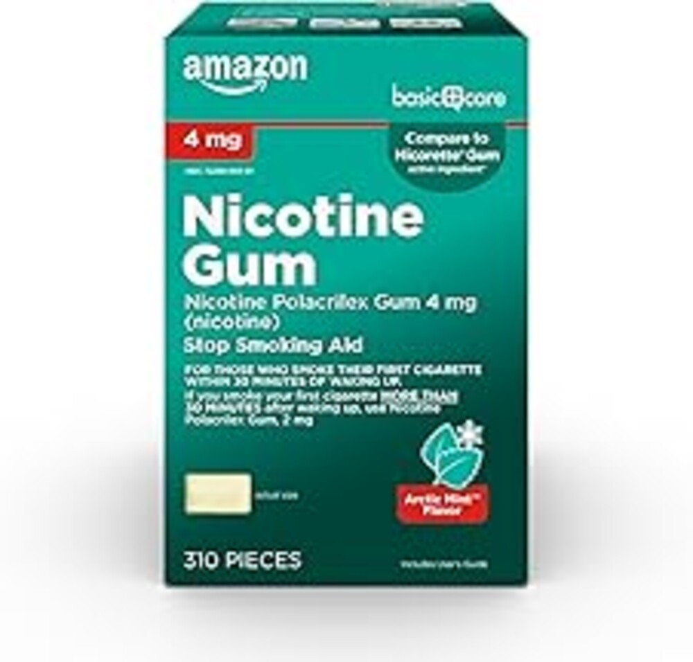 Amazon Basic Care Nicotine Polacrilex Gum 4 mg, Mint Flavor, Stop Smoking Aid, Reduces Withdrawal Symptoms and Nicotine Cravings, 310 Count