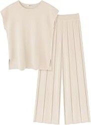 Ekouaer Lounge Sets for Women Two Piece Outfits Knit Cap Sleeve Tops Wide Leg Pleated Pants Casual Dressy Sweater Sets