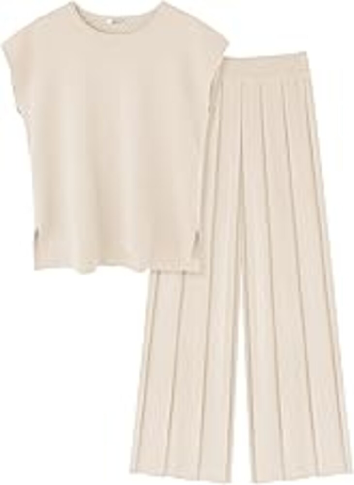 Ekouaer Lounge Sets for Women Two Piece Outfits Knit Cap Sleeve Tops Wide Leg Pleated Pants Casual Dressy Sweater Sets