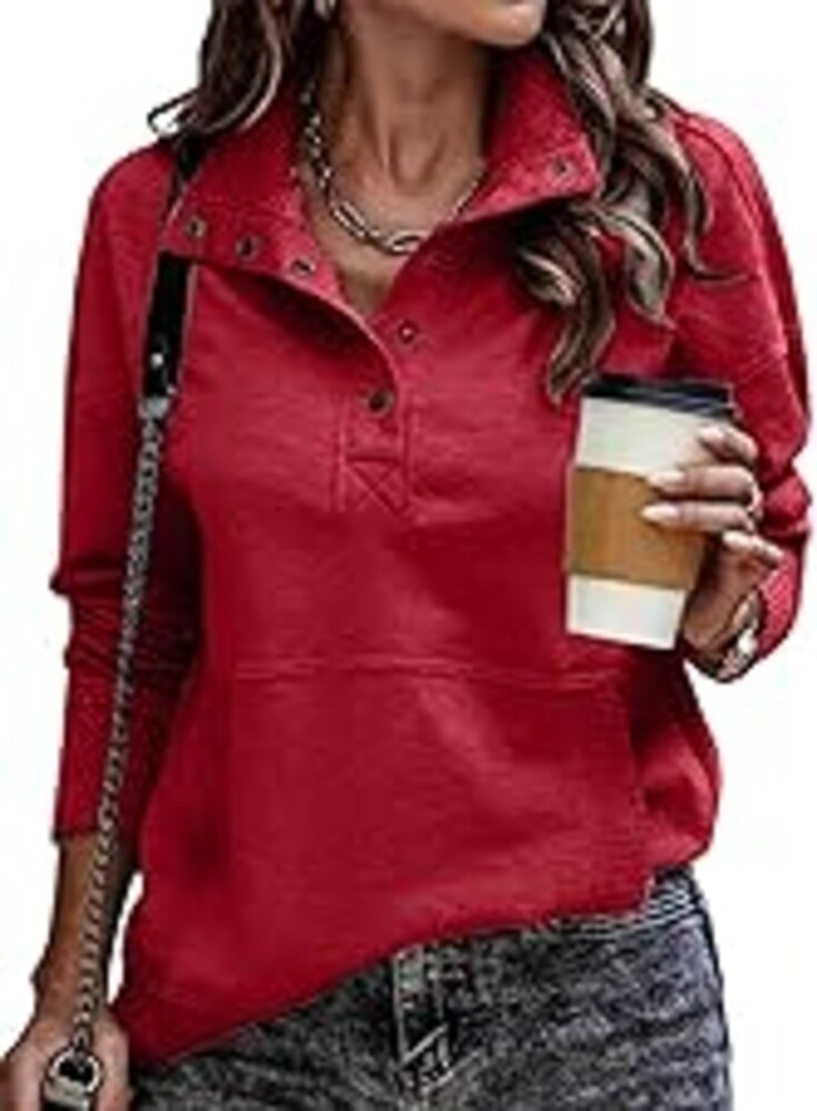 SHEWIN Women's Casual Long Sleeve Stand Neck Sweatshirt Lightweight Button Drawstring Pullover Tops