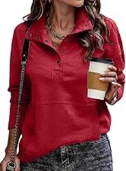 SHEWIN Women's Casual Long Sleeve Stand Neck Sweatshirt Lightweight Button Drawstring Pullover Tops