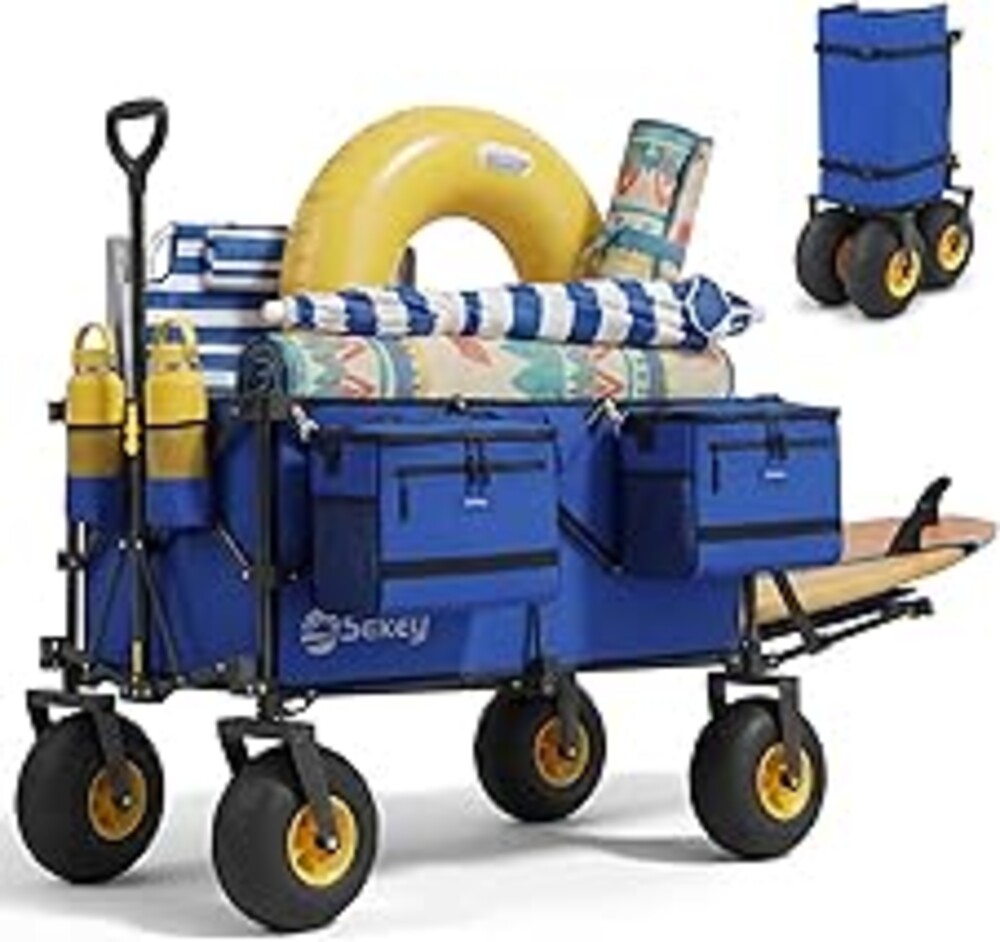 Sekey Heavy Duty Beach Wagon with 9" Big Sand-Proof Wheels, 300L Oversized Foldable Beach Cart with Cooler| Adjustable Handle & Balloon Tires for Sand, Camping,Vacation