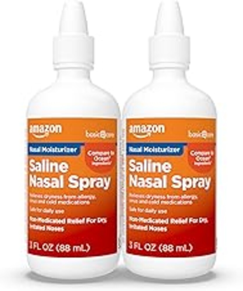 Amazon Basic Care Premium Saline Nasal Moisturizing Spray, Non-Medicated Relief for Dry, Irritated Nose, Sinus Relief, 3 fl oz (Pack of 2)
