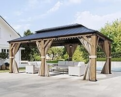 AMERLIFE 12x20 FT Heavy Duty Hardtop Gazebo with Double Metal Roof, Wood Gazebo with Privacy Curtains & Mosquito Netting, Outdoor Pavilion for Backyard, Garden & Patio, Brown