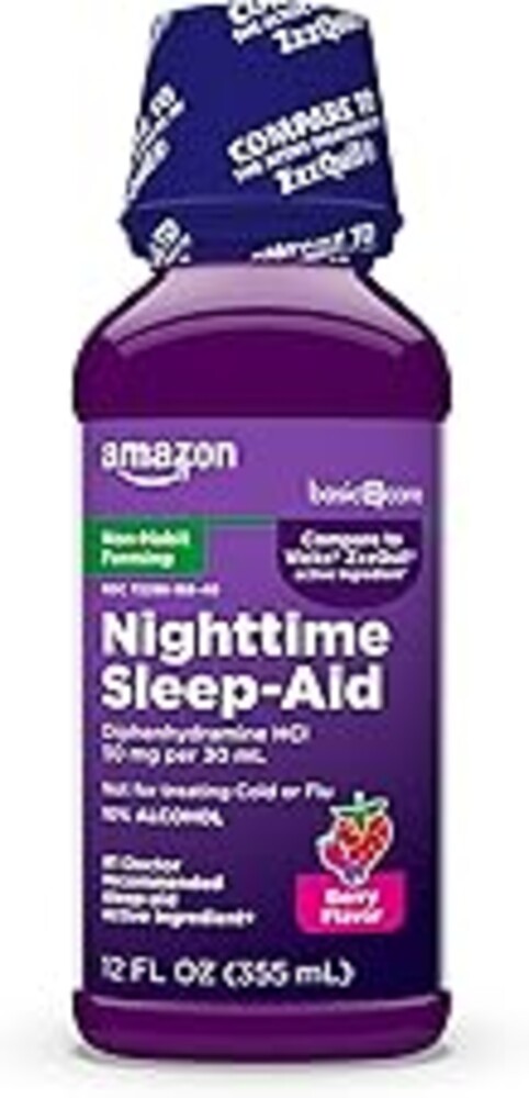 Amazon Basic Care Nighttime Sleep-Aid Liquid for Adults, Helps Fall Asleep Fast, Diphenhydramine HCl 50 mg, Mixed Berry Flavor, 12 fl oz (Pack of 1)