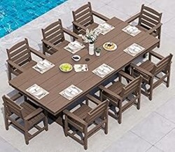SERWALL 9 Piece Outdoor Dining Set, 84" HDPE Large Patio Dining Furniture Set for 8, with Pre-drilled Umbrella Hole, Outdoor Tables and Chairs Set for Garden, Brown