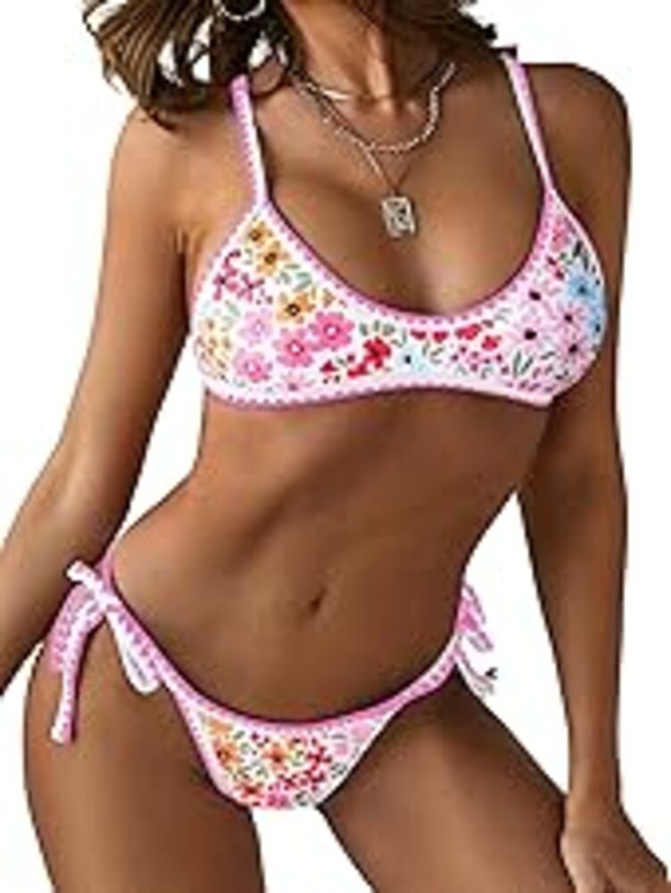 ZAFUL Women's Tie Back Padded High Cut Bralette Bikini Set Two Piece Swimsuit