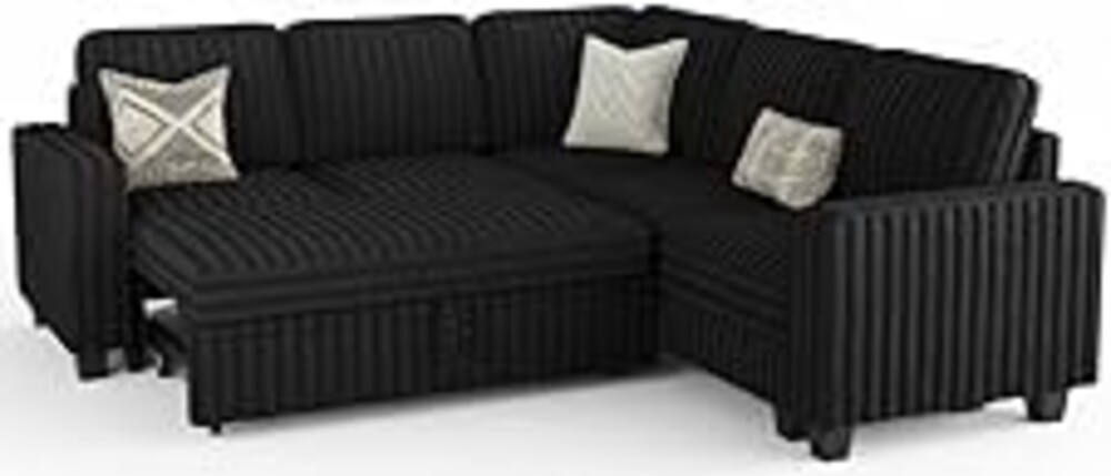 Belffin Plush Corduroy Modular Sectional Sofa with Pull Out Bed Convertible Small Sectional Corner Couch for Living Room Black Couch