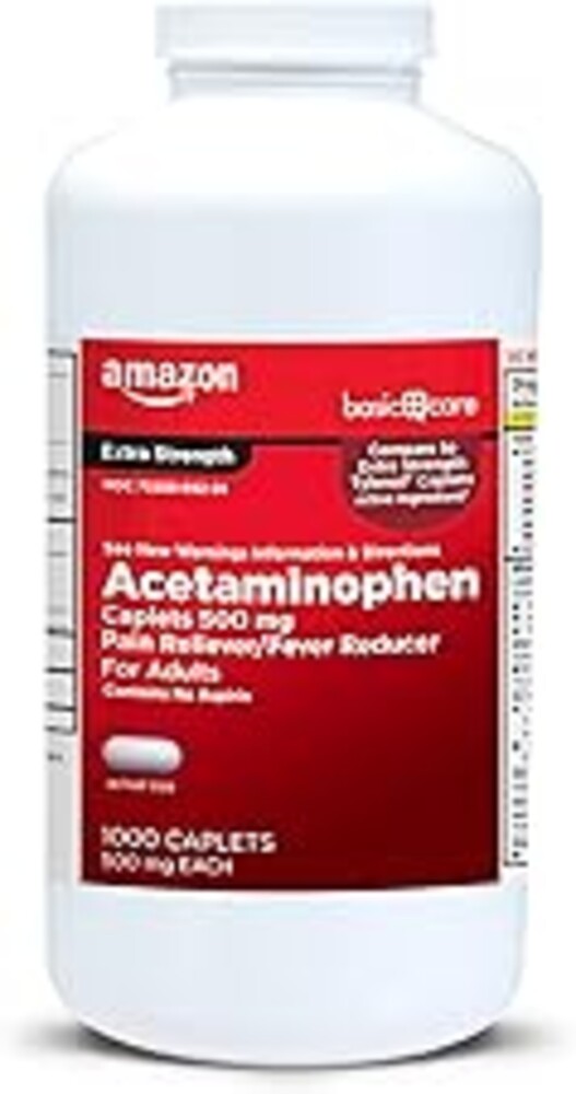 Amazon Basic Care Extra Strength Pain Relief, Acetaminophen Caplets, 500 mg, Pain Reliever and Fever Reducer for Headache, Backache, Arthritis Pain, Menstrual Cramps, 1000 Count (Packaging may vary)