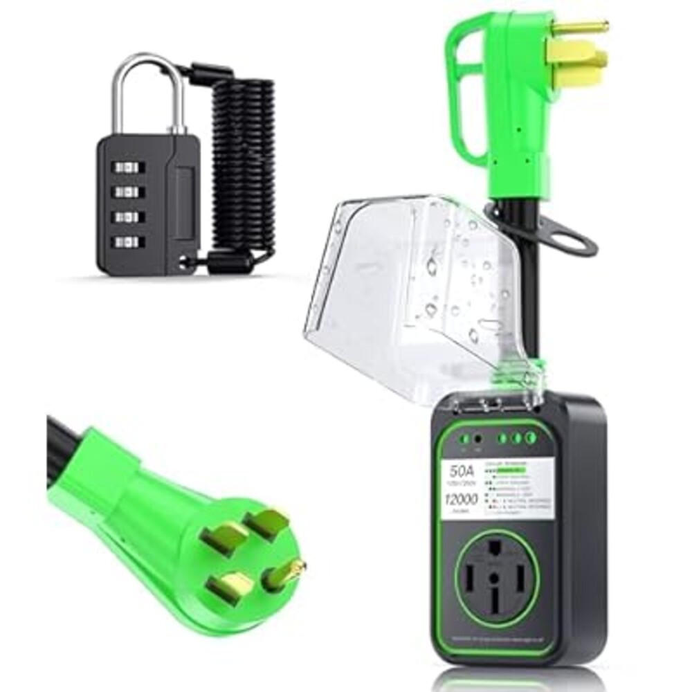 RV Surge Protector 50 Amp Waterproof, Upgraded 12000 Joules RV Power Protector （Safety-Certified）, RV Adapter Plug with Anti-Theft Cable Lock for Camper, Circuit Analyzer for Travel Trailers (Green)