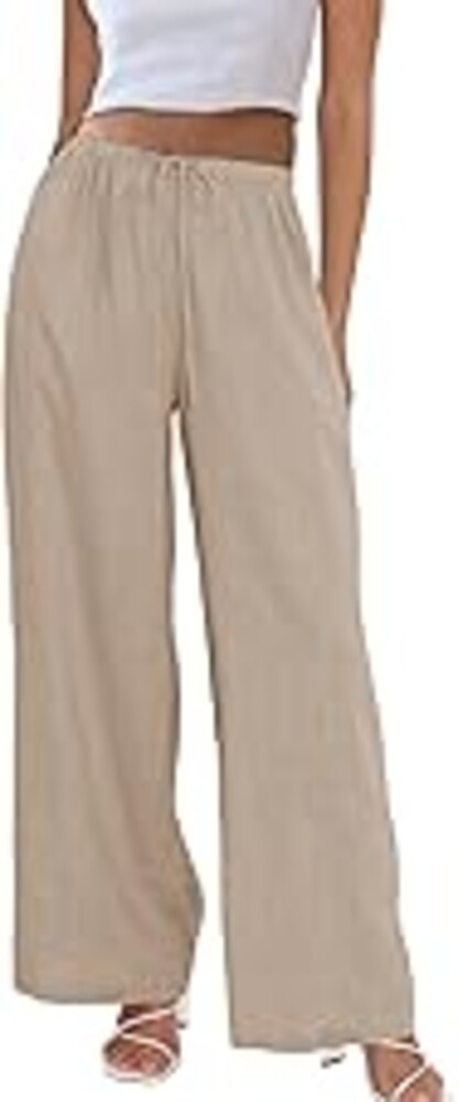 Duyang Womens Cotton Linen Palazzo Pants Drawstring Elastic Waist Casual Wide Leg Trousers with Pockets