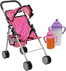 fash n kolor My First Baby Doll Umbrella Stroller with Basket - Pink Polka-Dot Foldable Pram Doll Stroller with Canopy and Accessories Gift Toys for Girls with 2 Magic Bottles
