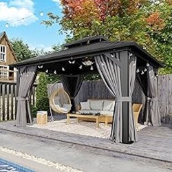 Aoxun 12x14 Hardtop Gazebo, Aluminum Frame Outdoor Gazebo with Double Galvanized Steel Roof, Large Patio Pavilion with Netting and Curtains, Backyard Gazebo for Patio Deck Garden