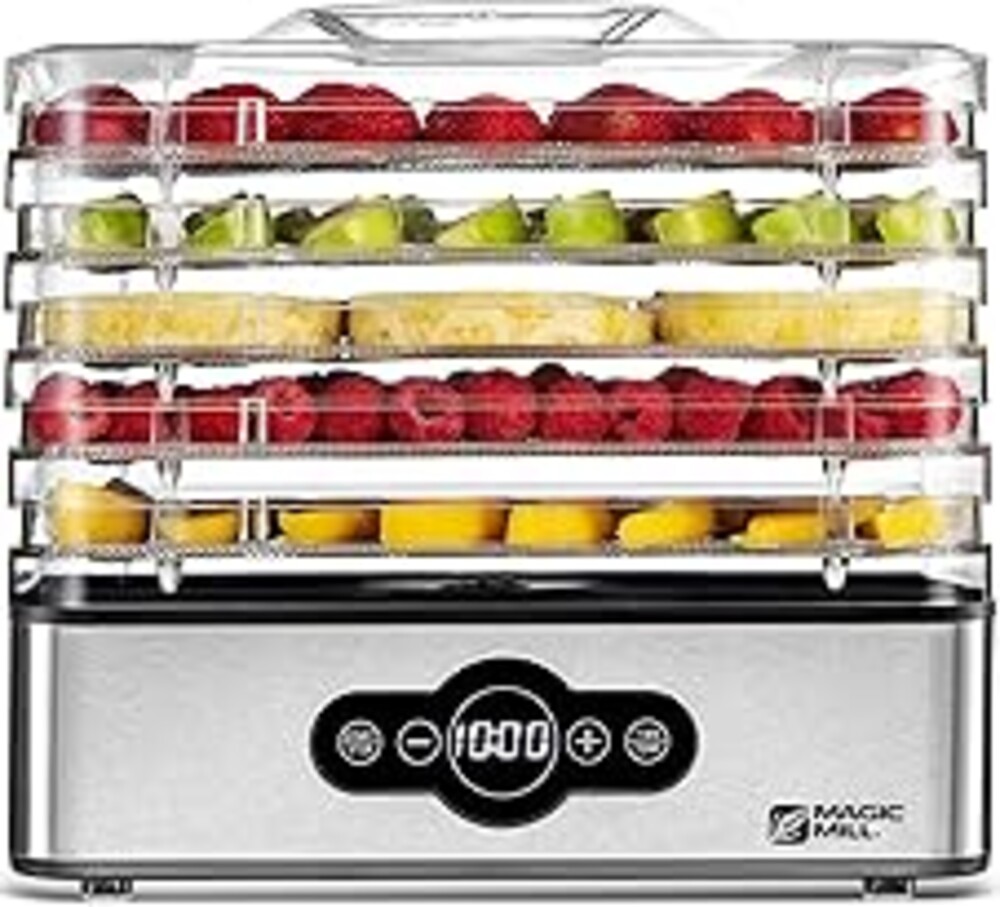 Magic Mill Food Dehydrator Machine | 5 Stackable Stainless Steel Trays, 48H Digital Adjustable Timer & Temperature Control Upto 167° Electric Dryer & Preserver for Jerky, Fruit, Dog Treats & Much More
