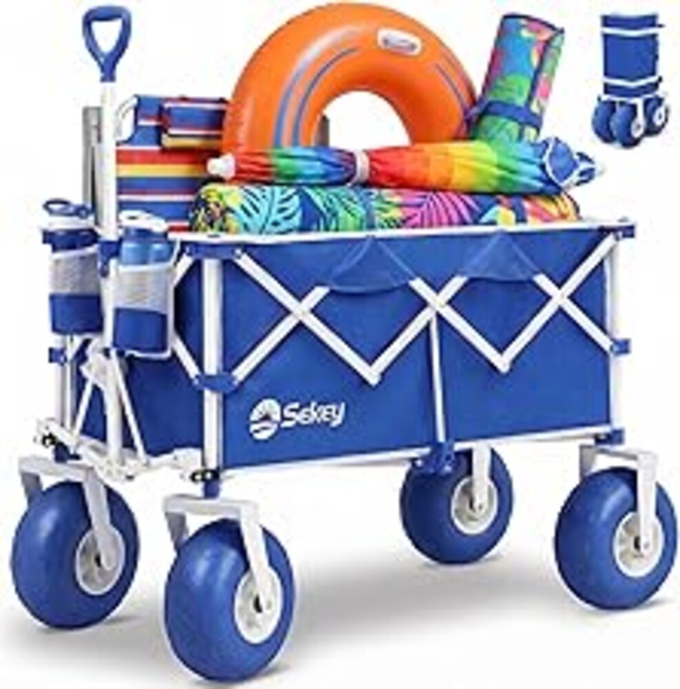 Sekey Heavy Duty Beach Wagon with 9" Big Sand-Proof Wheels – 600lb Capacity, 200L Oversized Foldable Cart | Adjustable Handle & All-Terrain Tires for Sand, Camping, Groceries