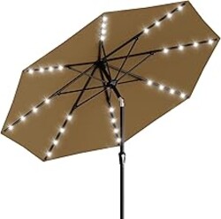 AreShark 9FT Patio Umbrella with Solar Lights, 32 Lighted Pool Umbrella w/Tilt and Crank, Outdoor Market Solar Umbrellas for Garden, Deck, Backyard, Pool and Beach, Khaki