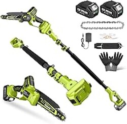 Electric Pole Saws for Tree Trimming, 8 Inch & 6 Inch Mini Chainsaw Cordless with Extension Pole, 16Ft Reach, 2x4.0Ah Battery, Auto Oiling, Tool-Free Chain Tensioning, Tree Trimmer for Branch Limb Cut