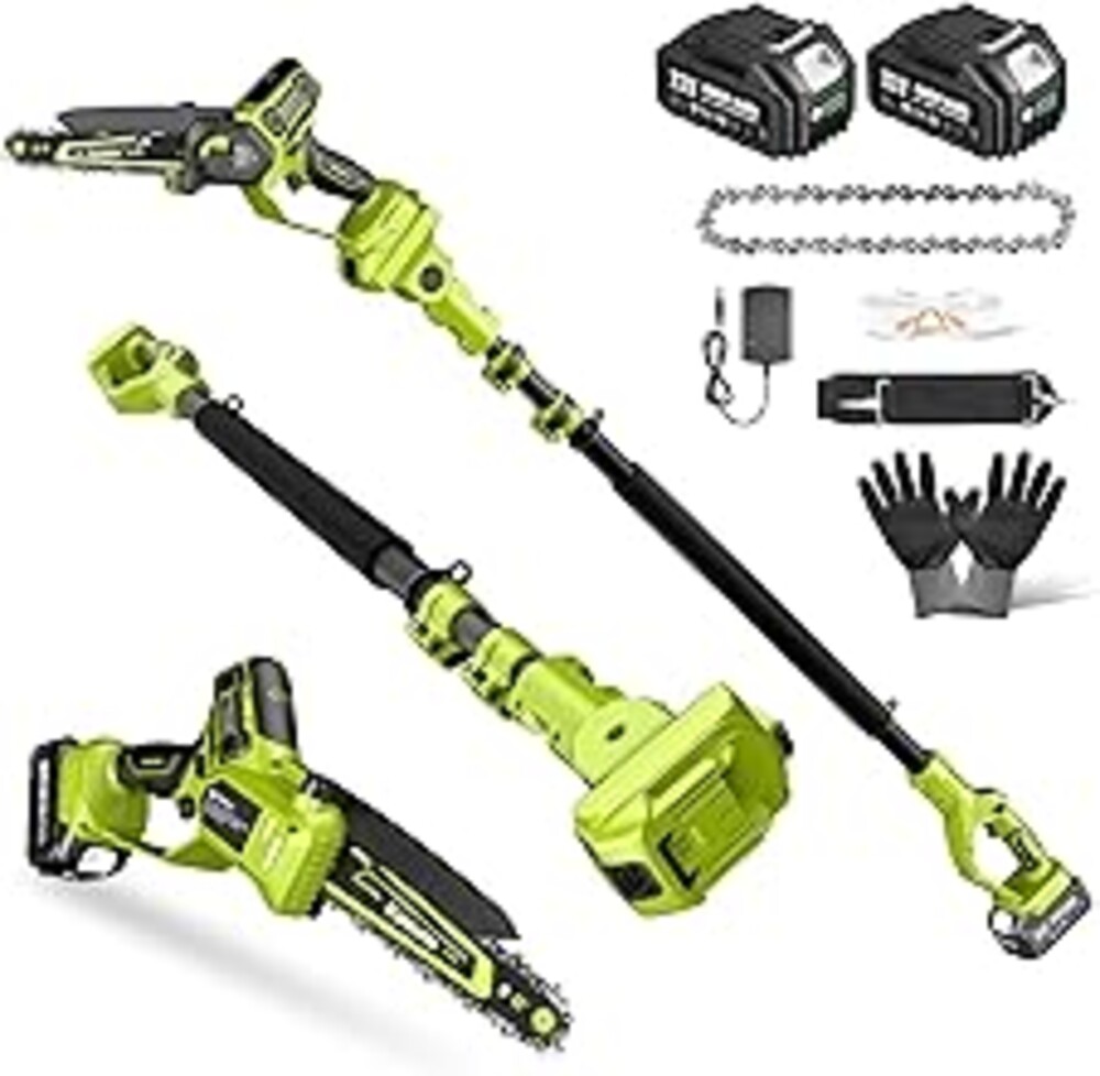 Electric Pole Saws for Tree Trimming, 8 Inch & 6 Inch Mini Chainsaw Cordless with Extension Pole, 16Ft Reach, 2x4.0Ah Battery, Auto Oiling, Tool-Free Chain Tensioning, Tree Trimmer for Branch Limb Cut