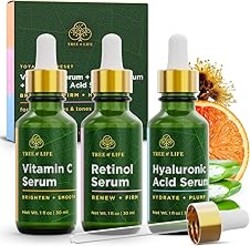 Tree of Life Face Serum Set - Vitamin C, Retinol & Hyaluronic Acid for Brightening, Firming & Hydrating - Anti Aging Skin Care Set - Dermatologist Tested - 1 Fl Oz (Pack of 3)