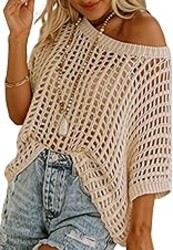 Dokotoo Womens Summer Scoop Neck Short Sleeve Sweater Casual Crochet Hollow Out Knit Tops Pullover Shirts Beach Coverup