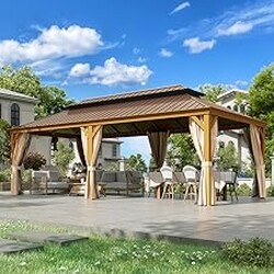EROMMY 12'x24' Hardtop Gazebo, Galvanized Steel Double Roof with Wood Grain Aluminum Frame, Outdoor Gazebo with Curtains and Nettings for Patio, Backyard and Deck
