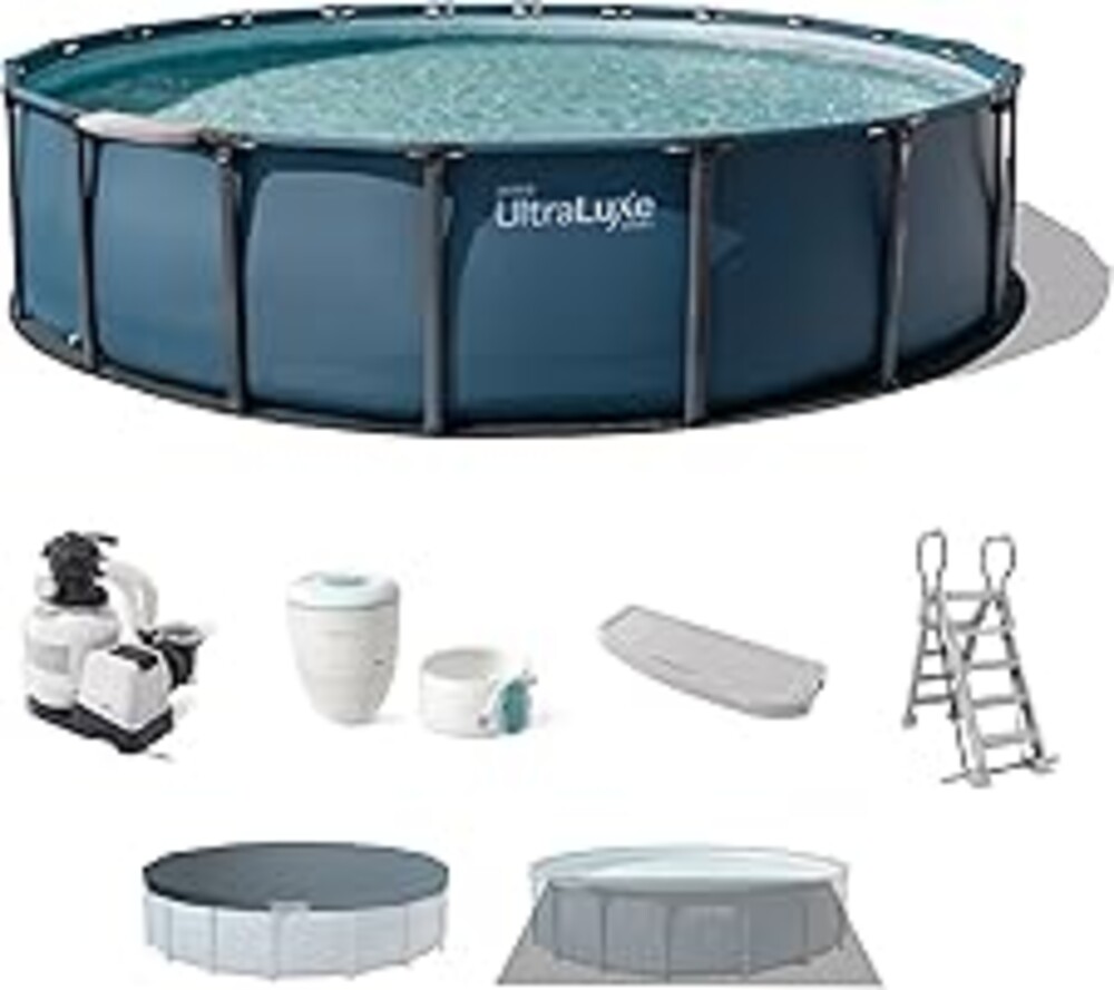 INTEX UltraLuxe 20 ft x 52 in Round Above Ground Pool Set, Smart Wi-Fi Enabled Swimming Pool with Sand Filter Pump, Saltwater System & Retractable Ladder