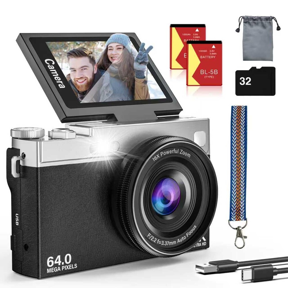 2025 New 4K Digital Camera for Photography and Vlogging, 64MP & 2.88" 180° Flip Screen Travel Cameras with 16X Zoom, 32GB SD Card, 2 Batteries, Anti-Shake, Perfect for Teens and Beginners (Black)