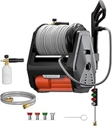 Giraffe Tools Grandfalls Retractable Wall Mounted Pressure Washer Pro, 3700 PSI, 1.6 GPM Electric Power Washer, Automatic Rewind, 100ft Pressure Hoses, 5 Nozzles for Cars/Fences/Patios, Dark Silver