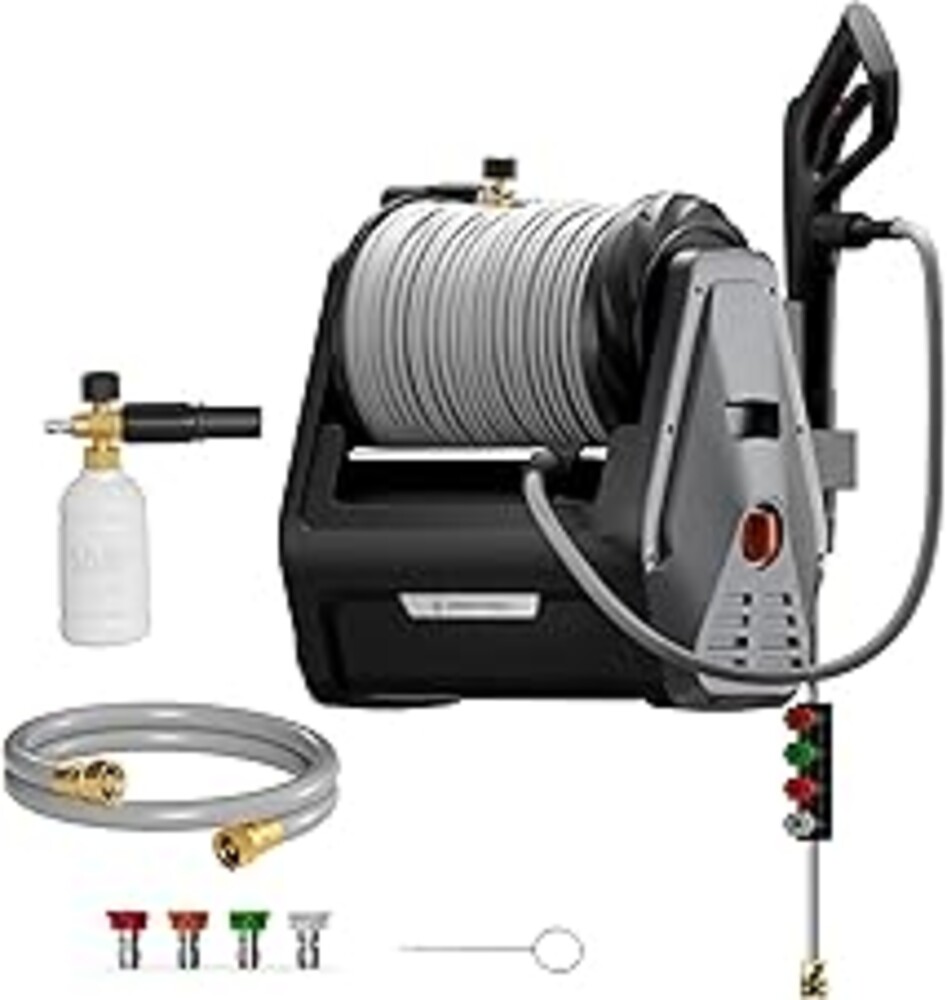 Giraffe Tools Grandfalls Retractable Wall Mount Pressure Washer Plus, Electric Power Washer with 100ft Pressure Hose, Max 2900PSI 2.2 GPM, Automatic Rewind, Any Length Lock, Dark Silver