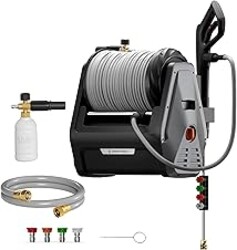 Giraffe Tools Grandfalls Retractable Wall Mount Pressure Washer Plus, Electric Power Washer with 100ft Pressure Hose, Max 2900PSI 2.2 GPM, Automatic Rewind, Any Length Lock, Dark Silver
