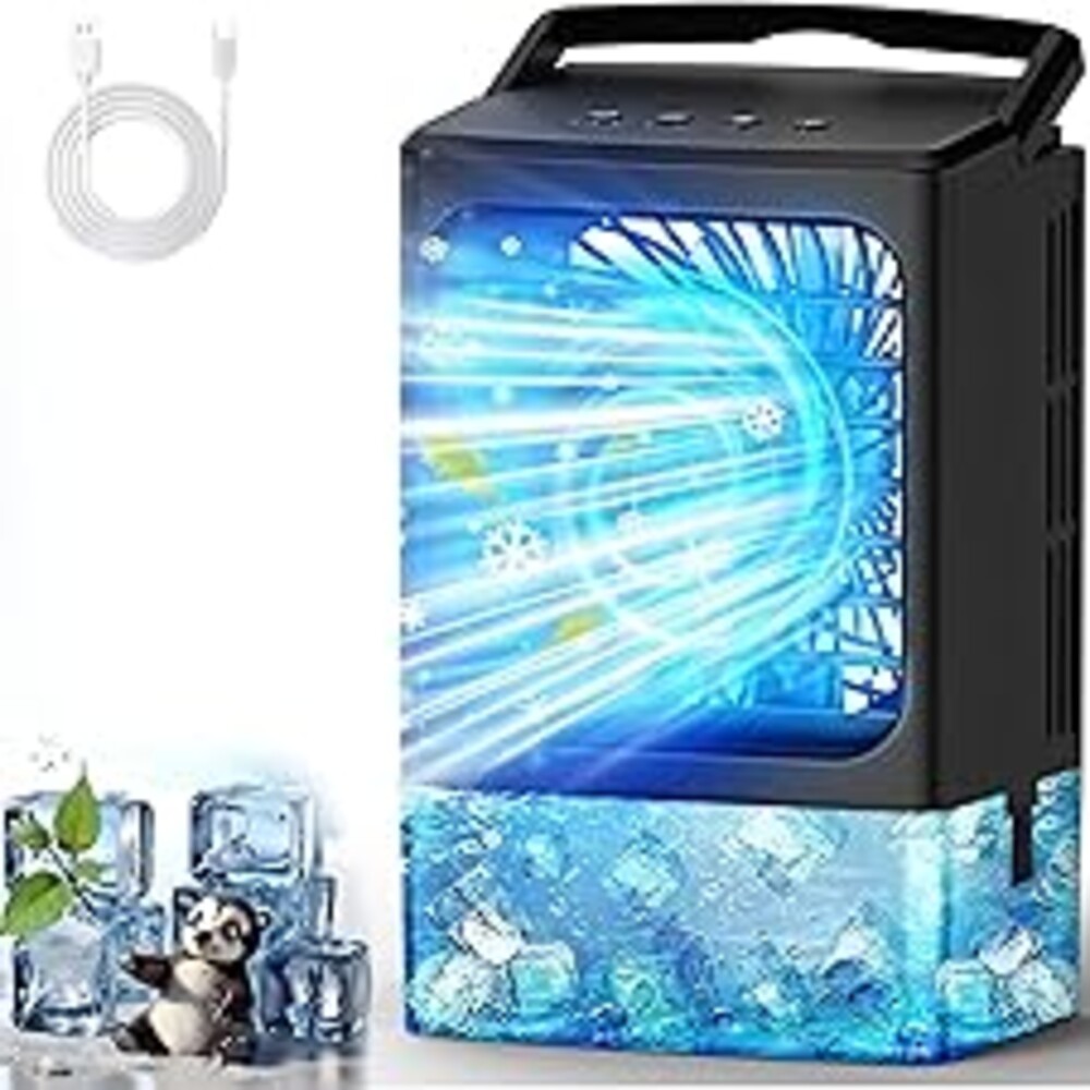 Mini Air Conditioner,Portable Air Conditioners,Evaporative Air Cooler Humidifier, 3 Speed Quiet Personal Cooling Fan, 7-Color LED Night Light, 4/8H Timer for Bedroom, Office, Camping, Room,Home