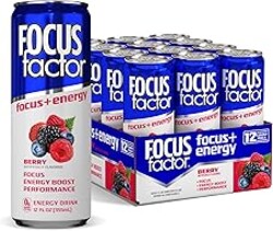 Focus Factor Energy Drink - 12 x 355ml Cans (Berry Flavour) - with Focus + Energy - Lightly Carbonated, Sugar Free, Low Calorie with Vitamins B6 & B12
