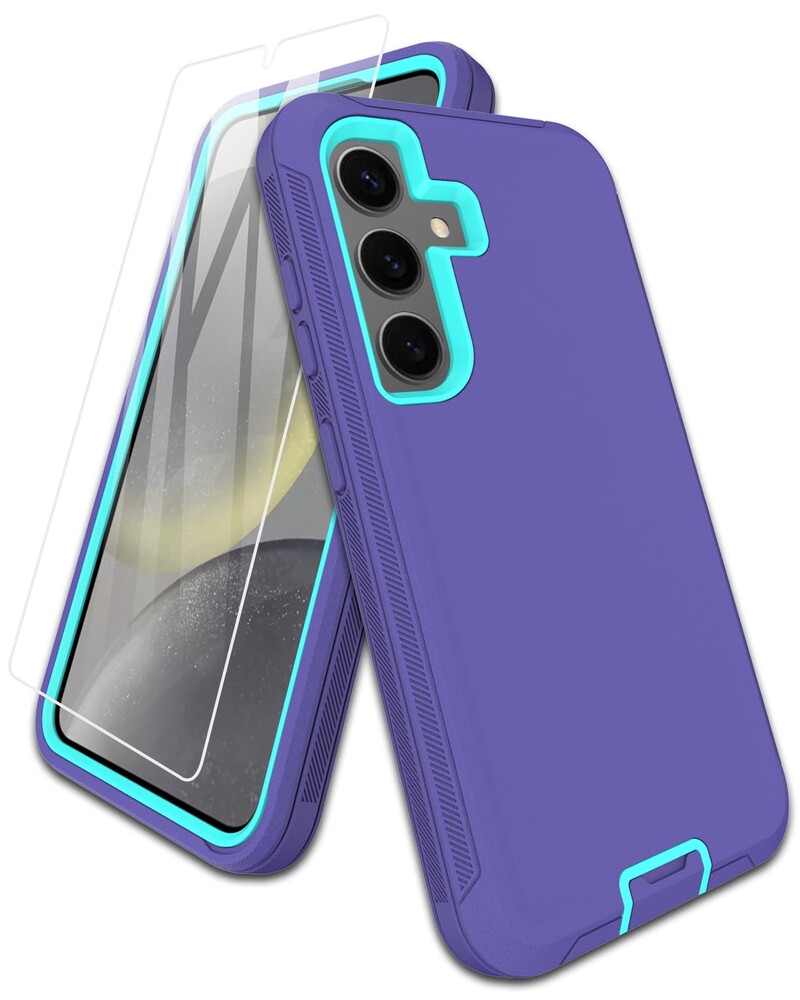 Aliruke for Samsung Galaxy S24 Case, with Screen Protector, Port Protection, Full-Body Non-Slip Silicone Rubber Covered, 3-Layer Combo Drop-Proof Cover Phone Case for S24 5G(2024), Teal/Purple