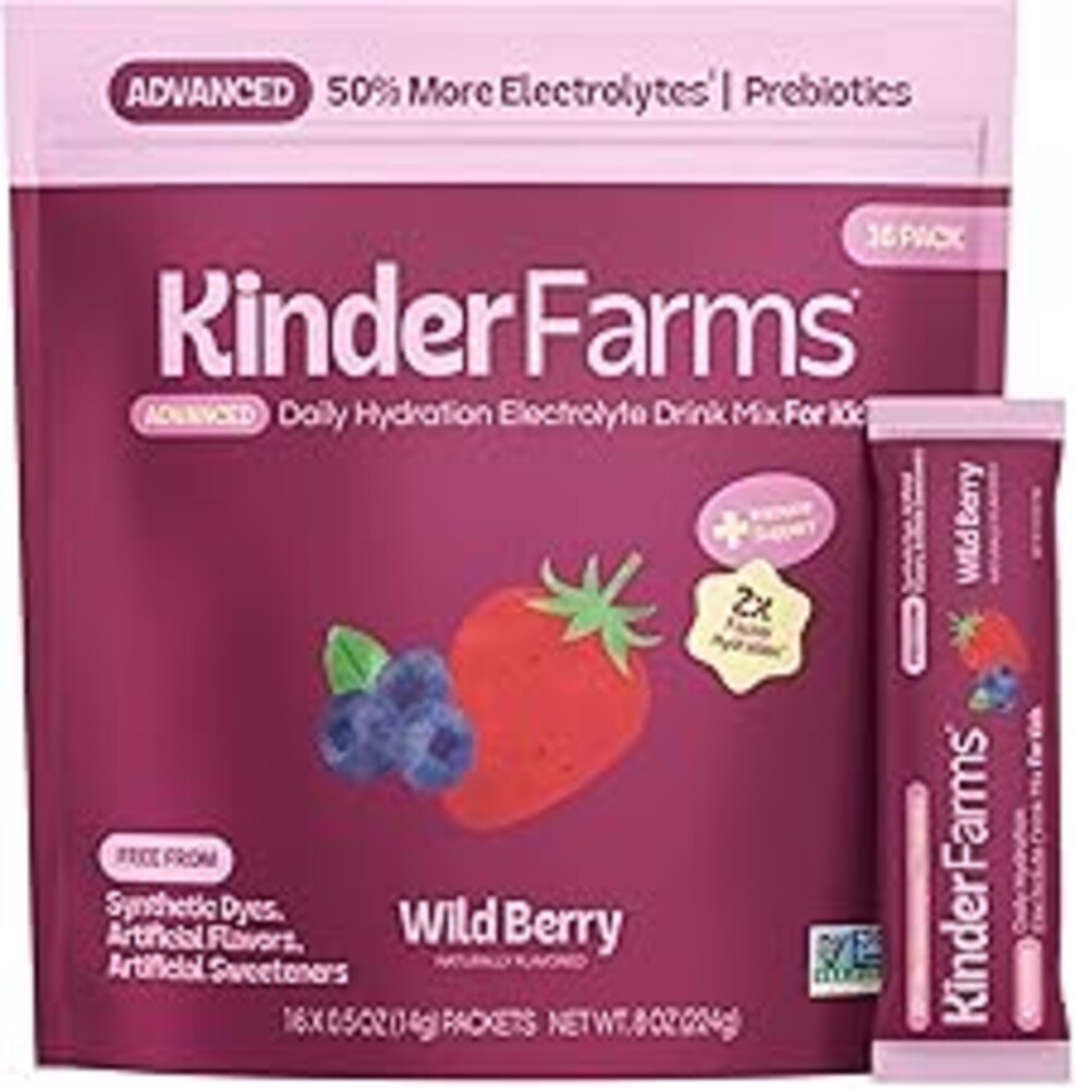 KinderFarms Kids Advanced Electrolyte Powder – Drink Mix Packets (Wild Berry, 16 Count), No Artificial Dyes, Sweeteners or Flavors - Vegan, Non-GMO, Gluten-Free, FSA-HSA
