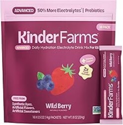 KinderFarms Kids Advanced Electrolyte Powder – Drink Mix Packets (Wild Berry, 16 Count), No Artificial Dyes, Sweeteners or Flavors - Vegan, Non-GMO, Gluten-Free, FSA-HSA